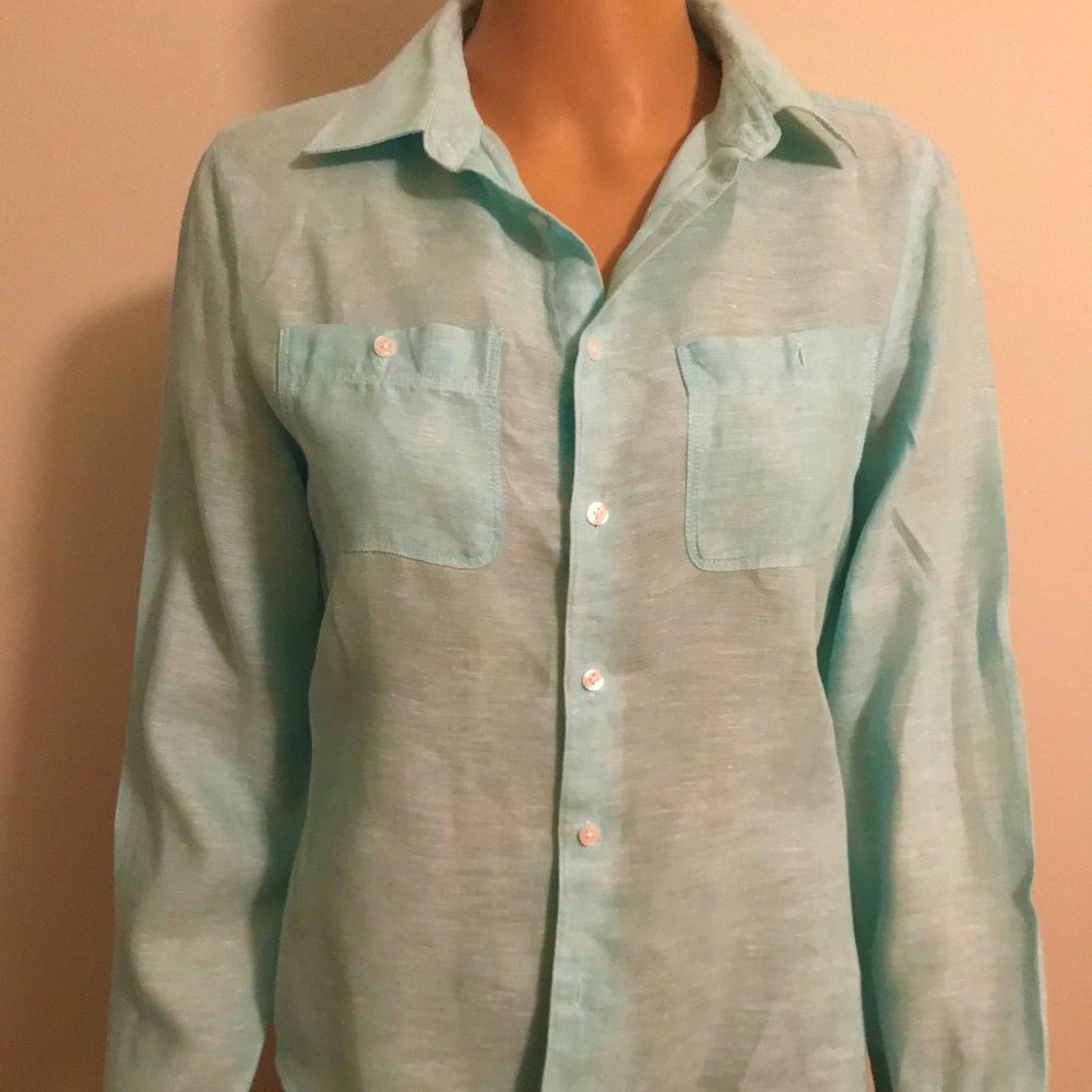 Blue classic linen button down shirt